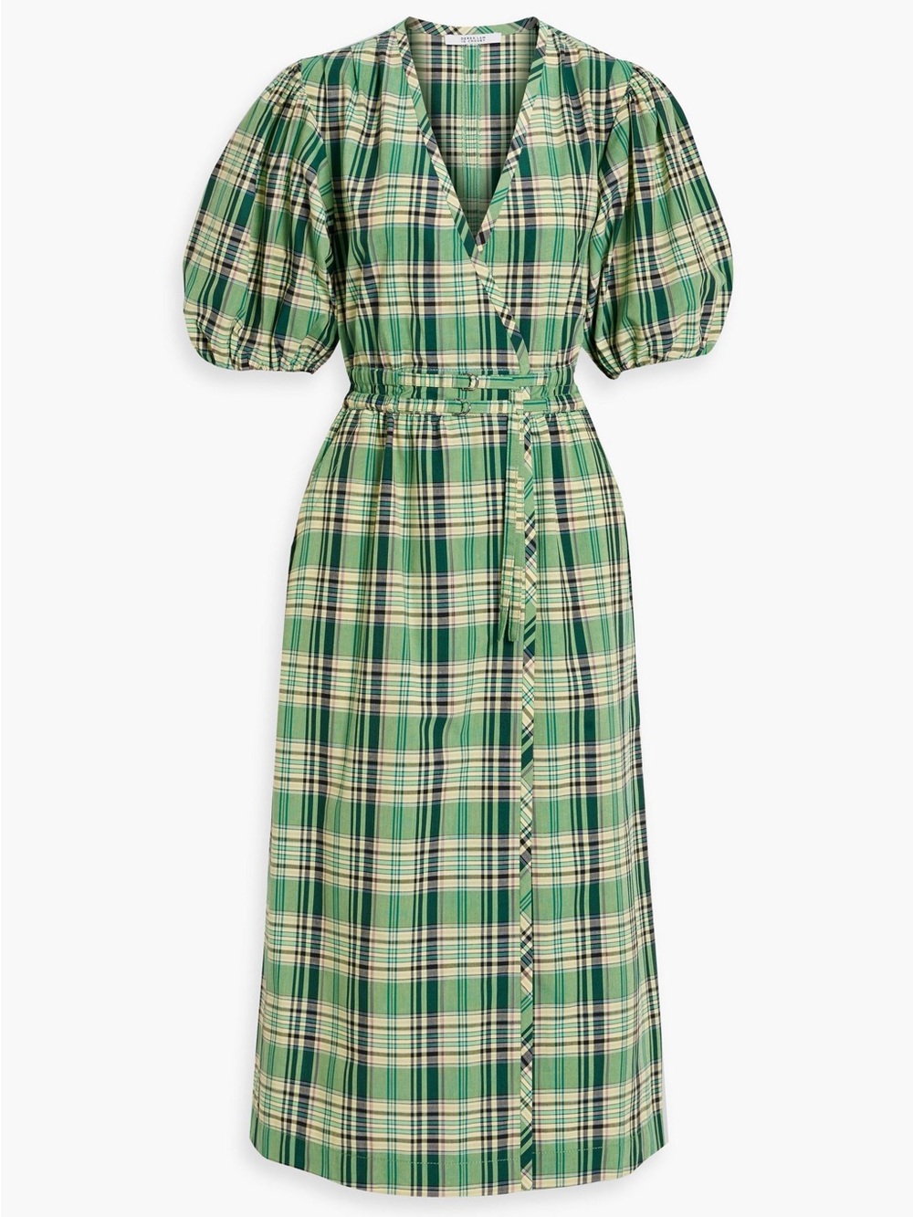 10 Crosby Derek Lam Green Plaid Puff-Sleeve Wrap Midi Dress